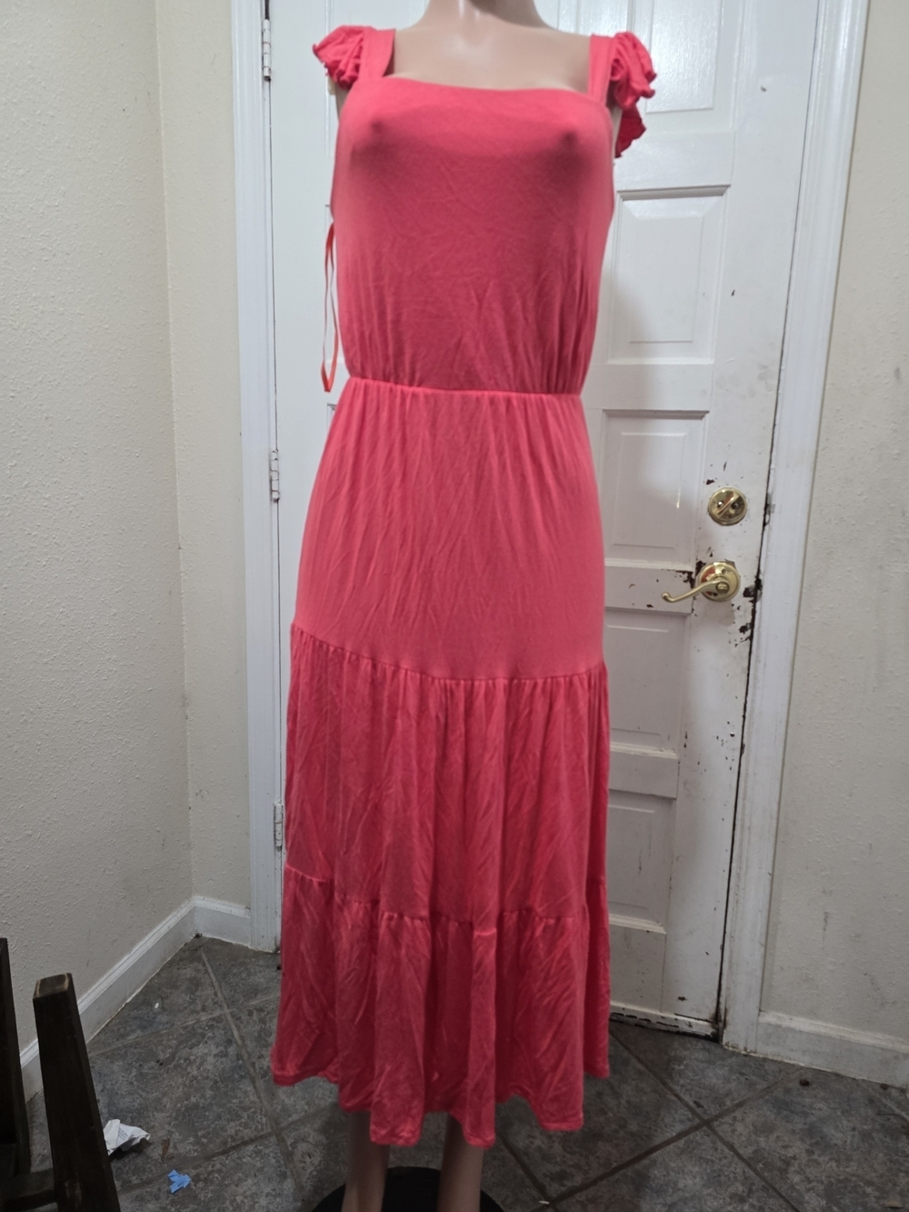 Sleeveless Coral Maxi Dress with Ruffle Tie Straps